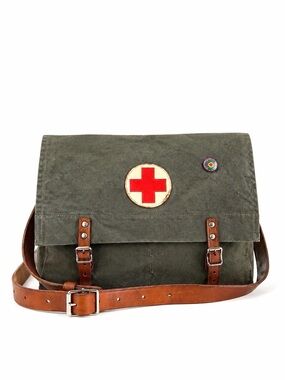 Vintage 1951 Swedish Military Medic Canvas Bag - Leather Strap Crossbody